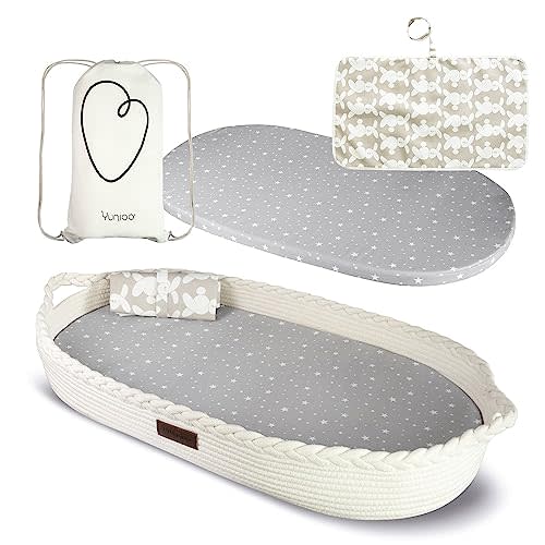 Yunioo XL Reinforced Baby Changing Basket with Extra Travel Diaper pad, Foldable Baby Changing Pad with Water Repellent Cover, Cotton Rope Baby Basket, Changing Table Topper for Dresser (White)