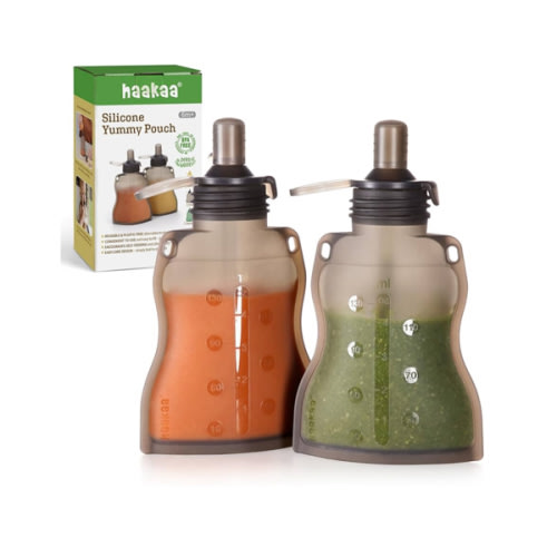 Haakaa Yummy Pouch Reusable Baby Food Pouch, Baby Food Storage Kids Squeezable Pouch, Washable Freezer - Make Homemade Organic Food for Babies/Toddlers, 4oz, 2 Pack,6m+