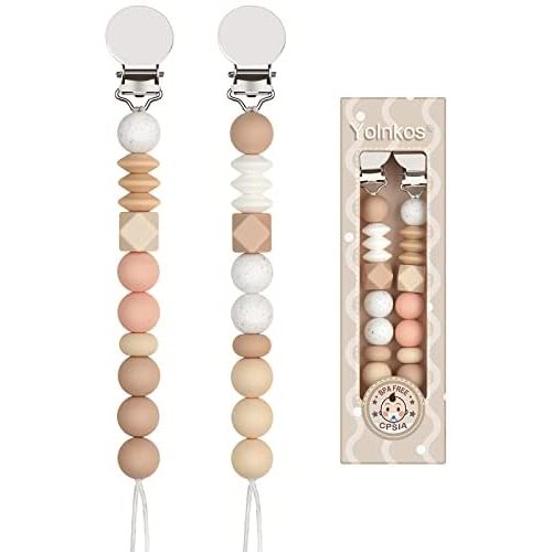Pacifier Clip Paci Holder Baby Girls Boys Silicone Teething Beads Soothie Binky Clips Teether Toys 2 Pack (Oatmeal, Peach)