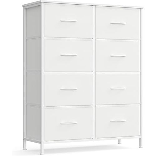 SONGMICS Dresser for Bedroom, Chest of Drawers, Steel, MDF, 8 Non-Woven Fabric Drawers, Storage Organizer Unit, Closet, Entryway, Cloud White and Snow White ULGS124W01S