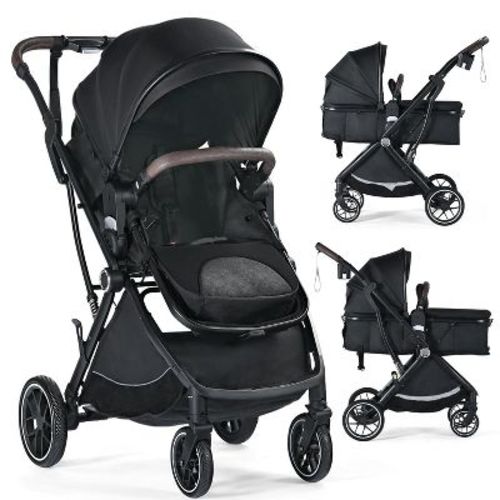 Kinder King 3 In 1 Convertible Baby Stroller, Portable Baby Carriage Pushchair With Adjustable Canopy Black