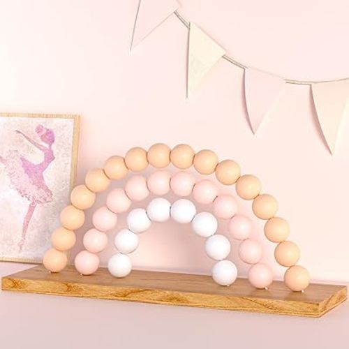 Rainbow Shelfie Pink and White Wood Bead Nursery Decor - Cute Girls Room Decoration, Boho Bookshelf Decor for Kids Nursery, Playroom, or Bedroom
