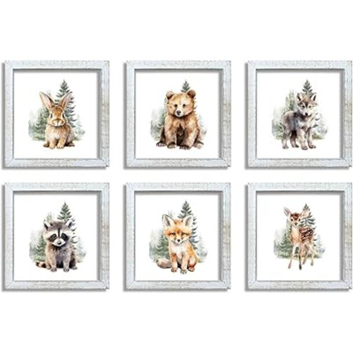 Woodland Animal Nursery Wall Art Decor 8x8 Inch Set of 6 Safari Bear Deer Fox Raccoon Rabbit Wolf Children's Jungle Boys Girls Room Wood Framed Forest Animal Wall Hanging (White)