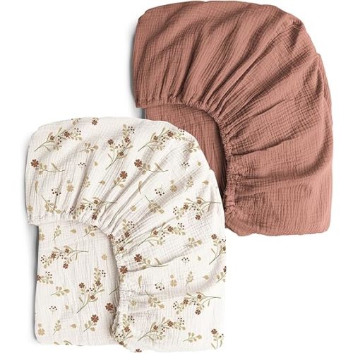 Konssy Muslin Crib Sheets 2 PCS 100% Cotton Baby Crib Sheets for Standard Crib Mattress (28"x 52"), Soft and Breathable for Boys, Girls (Chestnut, Posy)