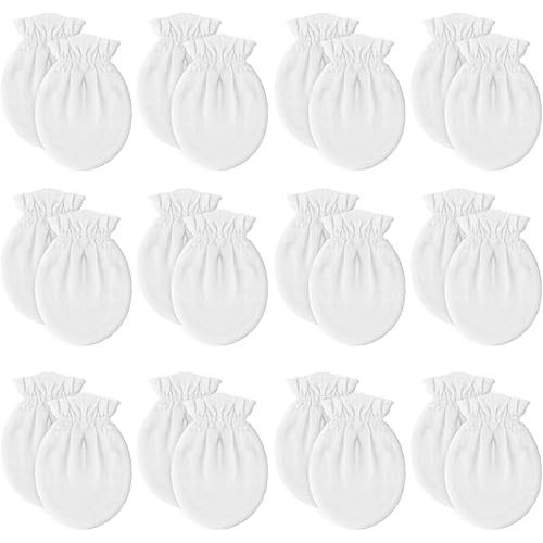 12 Pairs Newborn Baby Mittens,Unisex-Baby No Scratch Mittens,100% Cotton White Mittens for Baby 0-6 Months