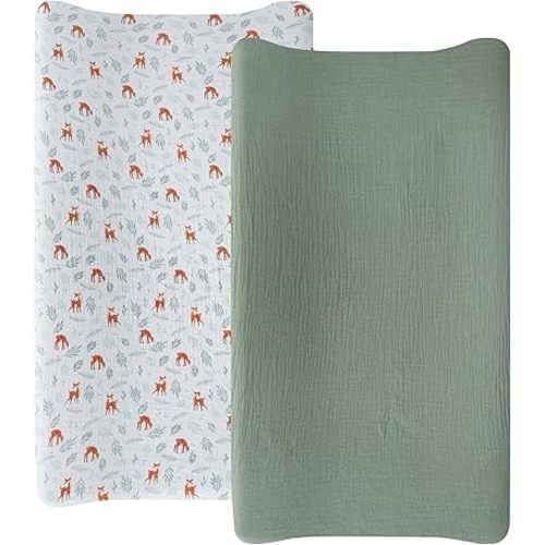 Muslin Changing Pad Cover for Baby Boy and Girl - Extra Soft 100% Cotton Diaper Changing Table Covers - 2 Pack Woodland and Sage Green Changing Pad Sheets