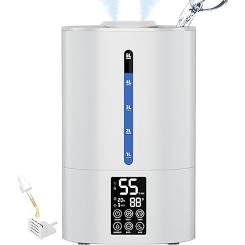 5.2L Humidifiers for Bedroom and Plants, Ultrasonic Cool Mist Humidifiers for Baby home Mist Top Fill Desk Humidifiers Essential Oil Diffuser, Quiet Humidifiers with Adjustable Mist,360°Nozzle-White