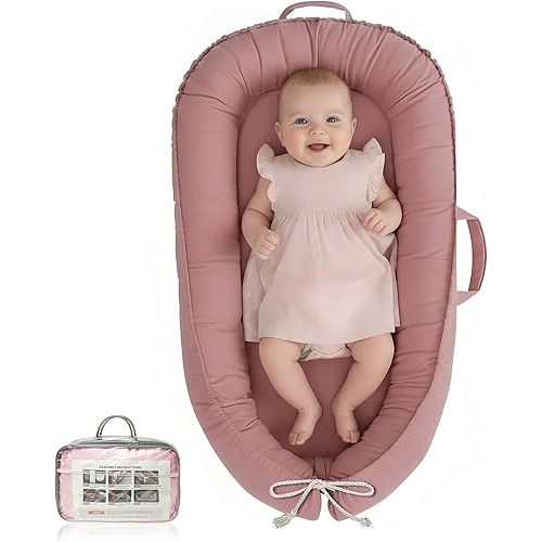 Baby Lounger - Infant Lounger for Newborn 0-24 Months, Pure Cotton Breathable Baby Nest Lounger, Newborn Essentials for Baby Boys & Girls, Portable Baby Lounger for Home and Travel