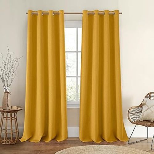 HOMEIDEAS Mustard Yellow 100% Blackout Curtains， Linen Room Darkening Curtains, 52" Wx96 L, Thermal Insulated Grommet Window Drapes with Liner for Living Room, Bedroom, Nursery, 2 Panels