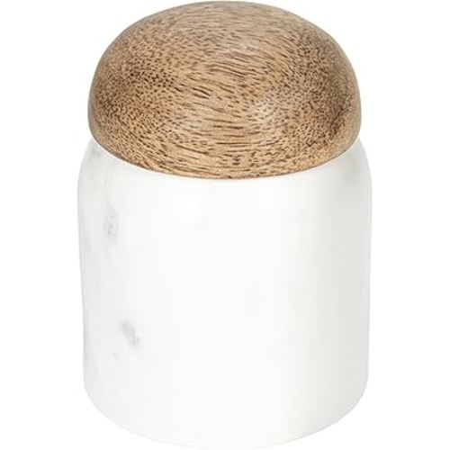 Creative Co-Op Marble and Mango Wood Pinch Pot with Lid, White and Natural