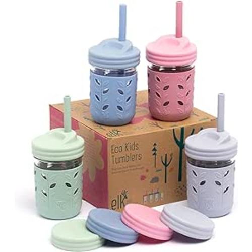 WeeSprout Glass Cups With Lids & Straws, Spill-Resistant Smoothie Cups for  Toddlers & Kids, Triple