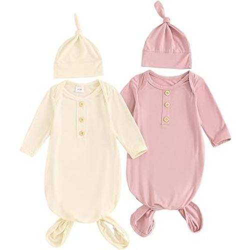 Merqwadd Newborn Knotted Gown 2 Pack Plain Sleeper for Baby Boy Girl Coming Home Outfit