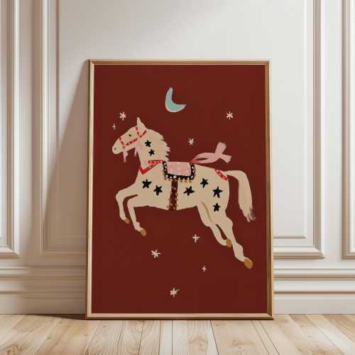 Magical Horse Print | Burgundy Red Folk Art | Kids Room Decor | Whimsical Nursery Wall Art | Fantasy Digital Download | Boho Printable Art