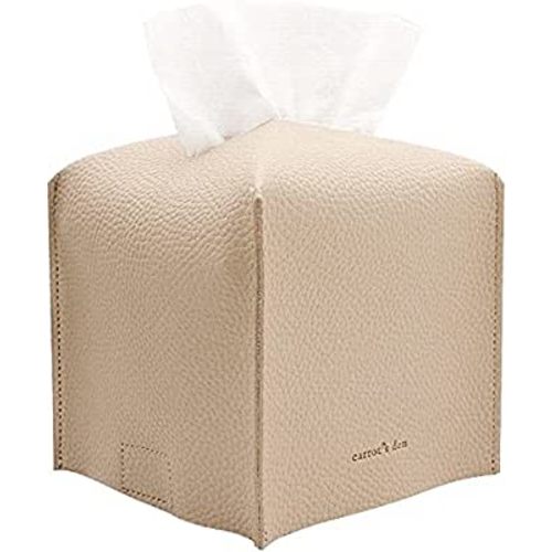 Tissue Box Cover Holder, Square with Bottom Belt by Carrot's Den - PU Leather Decorative Organizer for Tabletop, Bathroom, Car, Office | Beige