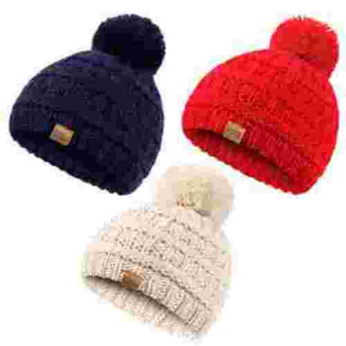 Baby Kids Winter Warm Hats, Infant Toddler Children Pom Pom Beanie Knit Cap Girls Boys-3 Pack