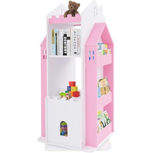 Kids Bookshelf 360 Display Castle Rotating Bookshelf Toy Storage Organizer Rack, Floor Standing Wood Book Shelf Children's Bookshelf Home Office Furniture (Pink)