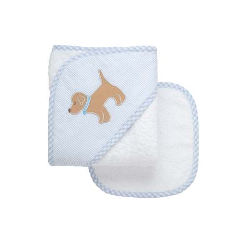 Puppy Applique Hooded Towel & Washcloth Set, Blue