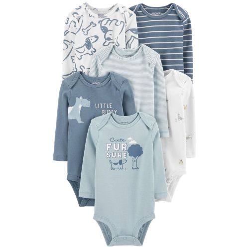 6-Pack Long-Sleeve Original Bodysuits - Blue/White