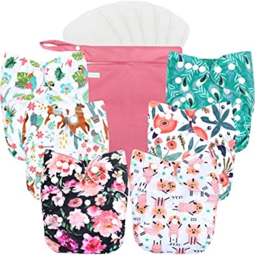 wegreeco Washable Reusable Baby Cloth Pocket Diapers 6 Pack + 6 Rayon Made from Bamboo Inserts (with 1 Wet Bag, Flower)