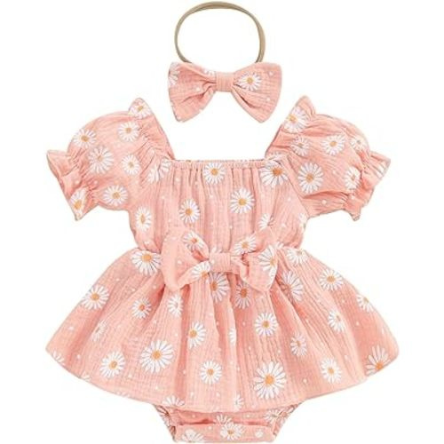 Baby Girls Daisy Romper Bowknot Bodysuit+Headband Short Sleeve Playsuits Floral Jumpsuit Infant Summer Clothes