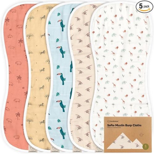5-Pack Muslin Burp Cloths Baby Boy, Girl - Very Absorbent Baby Burp Cloth Rags, 8-Layers Viscose Derived from Bamboo Cotton Muslin Towel, Super Soft Spit Up Rags, No Shrink Washcloths (Wildscape)
