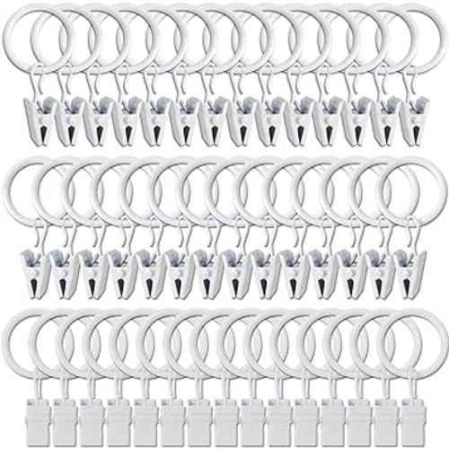 44 Pack White Curtain Rings with Clips, Curtain Hooks Hangers Clip Rings for Hanging Drapes Bows Hat, Drapery Rings 1 in I D, Fits up to 5/8 in Diameter Curtain Rod.