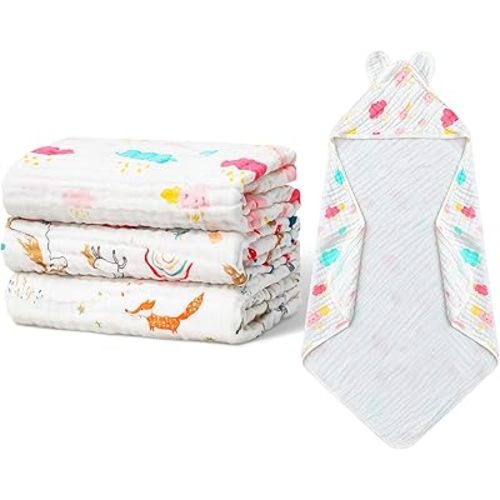 3 Pack Hooded Muslin Baby Bath Towels 100% Muslin Cotton Baby Bath Towel 30x30 Inch Soft & Absorbent Cute Baby Towels for Newborn Toddler Infant Babies Girls and Boys(Novel Style)
