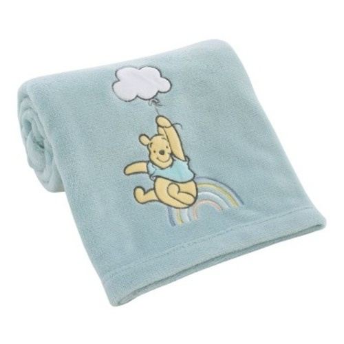 NoJo Disney Winnie the Pooh Hello Sunshine Aqua Super Soft Baby Blanket with Multi Colored Rainbow and Cloud Applique