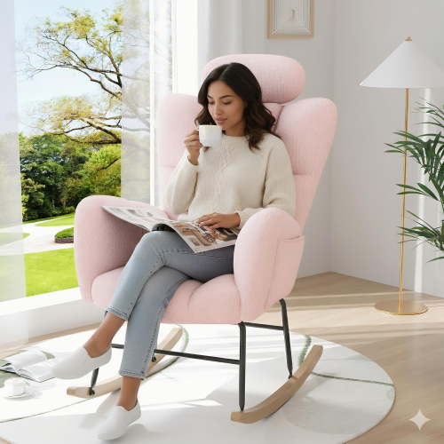 UHOMEPRO Modern Teddy Fabric Rocking Chair, Accent Rocker Chair with High Backrest, Accent Glider Rocker for Living Room Bedroom Playroom, Pink