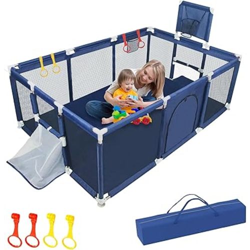 Baby Playpen Large Playpen for Babies and Toddlers, Sturdy Baby Ball Pit w/Basketball Hoop Soccer Net, Indoor Outdoor Children's Fence Play Pen Activity Center Play Area, Infant Safety Gates(Blue)