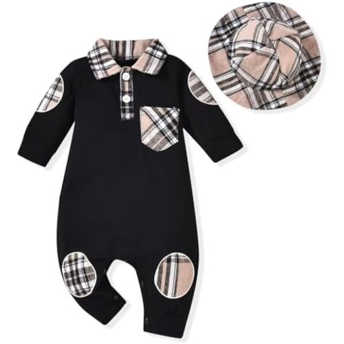 Unutiylo Newborn Baby Boy Romper – Plaid Polo Bodysuit Jumpsuit Fall Winter Outfits with Hat