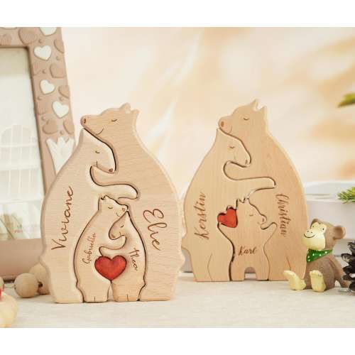 Personalized Wooden Bear Family Puzzle: Engraved Name Home Decor