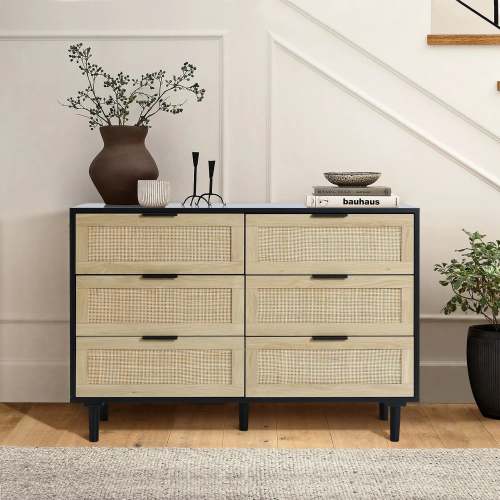 Azhar black 6-drawer rattan dresser, 29.5"h