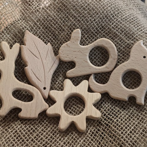 Organic beech and maple wood teether Wooden Teething Animals/shapes/ Eco Toy/baby gift/ cat rabbit bunny leaf sun