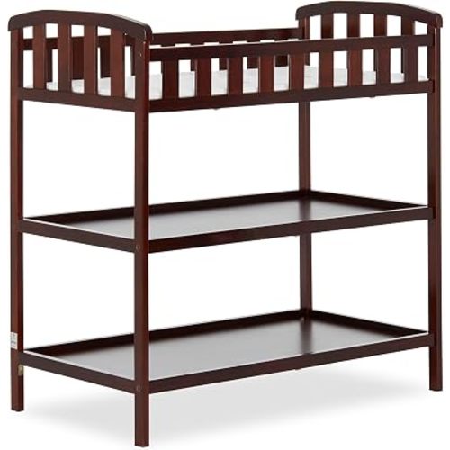 Dream On Me Emily Changing Table, Compact and Portable Solid New Zealand Pinewood, Safety Rails, Two Storage Shelves, Includes Water-Resistant 1" Changing Pad — Espresso