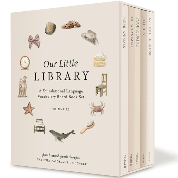Our Little Library Vol. 2: First 100 Words Board Book Box Set, including Ocean Animals, Safari Animals, Food and Drink, Clothes, and Around the House (Tabitha Paige Children's Book Series)