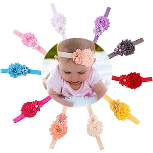 QandSweet Baby Girl Headbands with Polygonal Flower Inlay Rhinestone for Photography (10 Pack)