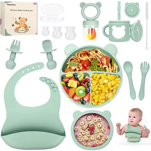 PERRYHOME 17Pcs Silicone Baby Feeding Set, Baby Led Weaning Feeding Supplies for Toddlers, Kids Suction Silicone Plates and Bowls Set for Baby Gift (Green)
