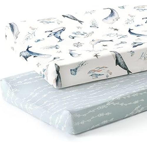 GRSSDER Stretch Ultra Soft Jersey Knit Changing Pad Cover Set 2 Pack, Change Table Pad Covers Fit 32"/34" x 16" Pads Safe and Snug, Sea Fish Print for Girls and Boys