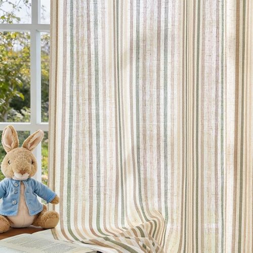 Vangao Green Striped Nursery Curtains, Gender Neutral Kids Room Curtains, Linen Light Filtering Window Drapes 84 Inch Length, Woodland Nursery Pinstripe Patterned, 2 Panels