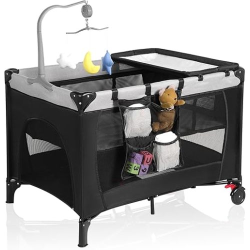 Pack and Play, Travel Crib, with Changing Table, Portable Pack and Play, with Carry Bag, Foldable, Portable Crib for Toddlers 1-3(Black)
