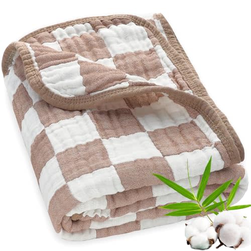 BEILIMU Ultra Soft Muslin Baby Blanket Neutral Versatile 6 Layers Swaddle and Bed Blanket for Babies, Toddlers, Boys or Girls Coffee Checkered 43 x 43 Inches