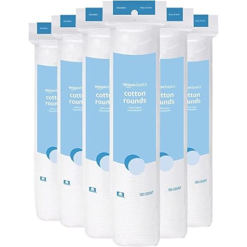Amazon Basics Hypoallergenic 100% Cotton Rounds, 600 Count (6 Packs of 100)