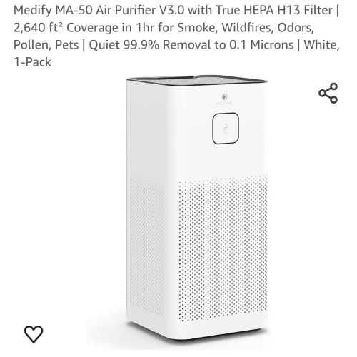 Medify MA-50 Air Purifier V3.0 with True HEPA H13 Filter | 2,640 ft² Coverage in 1hr for Smoke, Wildfires, Odors, Pollen, Pets | Quiet 99.9% Removal to 0.1 Microns | White, 1-Pack