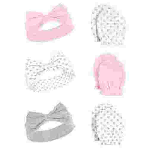 Hudson Baby Girl's Cotton Headband & Scratch Mitts Set, Dots, 0-6 Months, 6pc