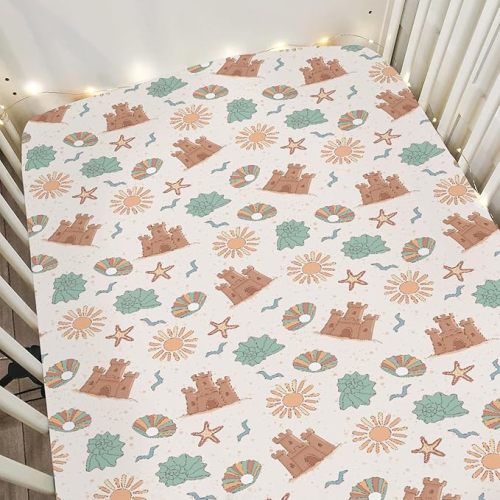 Boho Beach Summer Baby Crib Sheets for Boy Girl 52"x28" Retro Seaside Holiday Soft Snug Fitted Crib Mattress Cover Sun Seashells Castle Starfish Baby Sheets for Standard Crib & Toddler Bed Mattresses