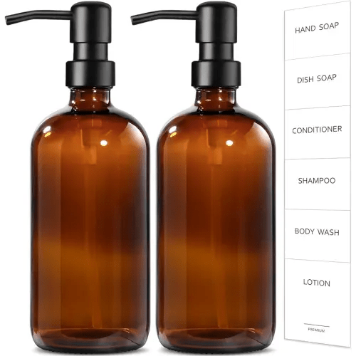 GMISUN Amber Glass Soap Dispenser, 2 Pack Bathroom Hand Soap Dispensers with Stainless Steel Pump, 17 Fl Oz Kitchen Hand and Dish Soap Dispenser Set, Modern Vintage Liquid Brown Soap Dispensers Bottle