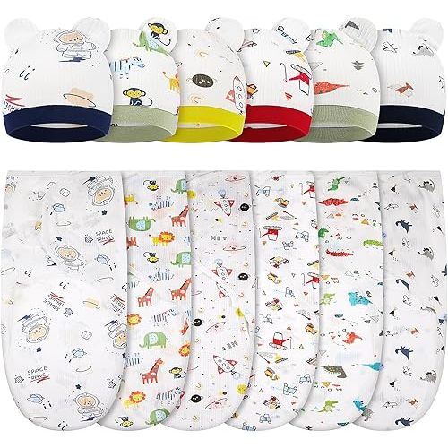 Ramede 6 Pack Baby Swaddle Blanket with Hats Sleep Swaddle for 0-3 Months Newborn Sacks Soft Cotton Wearable for Baby Boy Girl Sleeping(Colorful, Rocket)