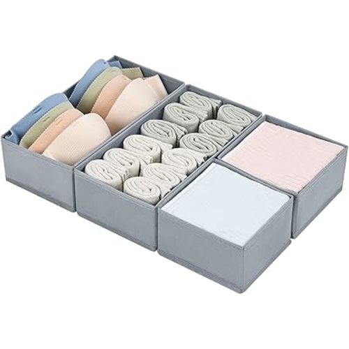 DIMJ Drawer Organizers Clothes, Set of 4 Dresser Organizer Bins, Fabric Closet Organizers and Storage, Shallow Drawer Dividers for Nursery, Clothing, Baby Clothes, Socks, Underwears, Tie (Grey)
