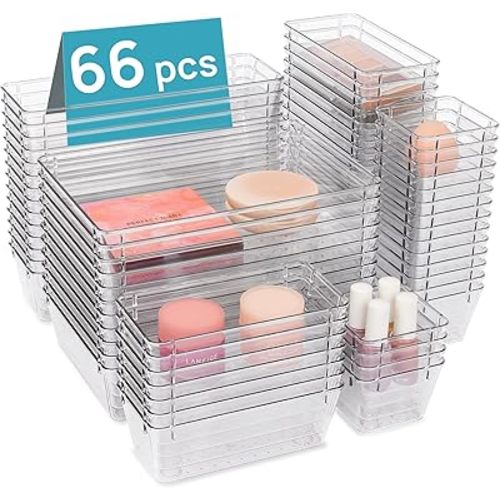 Vtopmart 66 PCS Clear Plastic Drawer Organizer Bins, 4-Size Versatile Bathroom and Vanity Organizer Trays, Acrylic Storage Containers for Makeup, Jewelry, Toiletry, Kitchen Utensils and Office Supply